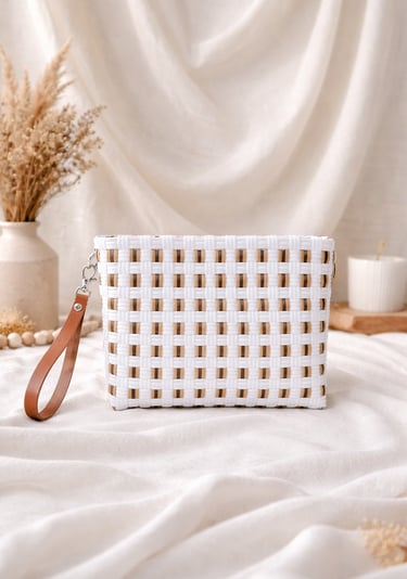 White and brown natural tone woven plastic clutch bag handmade eco craft