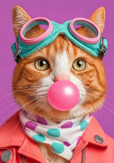 Chat original au style pop coloré, création visuelle unique et pleine de caractère.