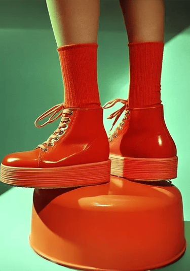 Bottes rouges à plateforme et chaussettes assorties sur un tabouret, fond vert contrasté.