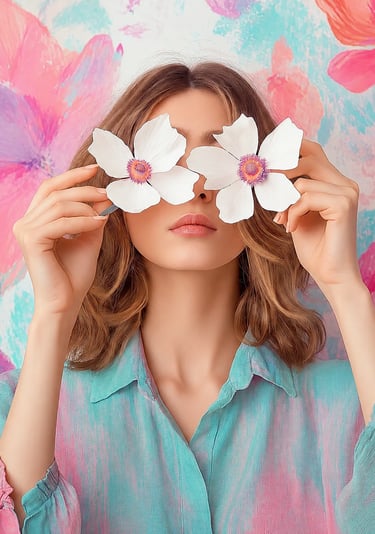 Femme tenant des fleurs devant ses yeux, création visuelle poétique et délicate.