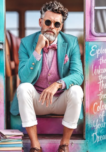 Homme au style affirmé devant un décor coloré, ose une image de marque qui te ressemble.