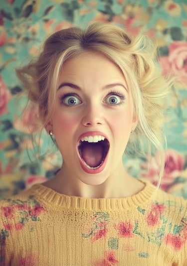 Femme blonde expressive en pull fleuri, bouche grande ouverte, fond tapissé de roses.