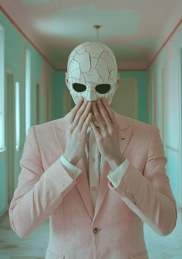 Homme en costume rose portant un masque craquelé, debout dans un couloir aux tons pastel.