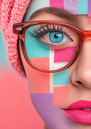Visage aux couleurs en damier avec œil bleu, création d'identité visuelle moderne.