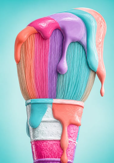 Pinceau dégoulinant de couleurs vives, création d'identité visuelle sur mesure.