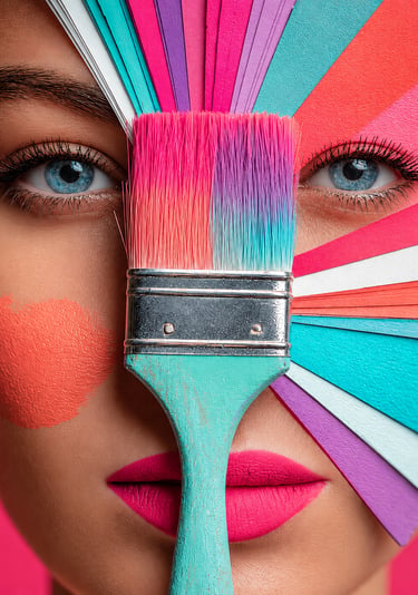 Pinceau aux couleurs vives devant un visage, création visuelle artistique sur mesure.