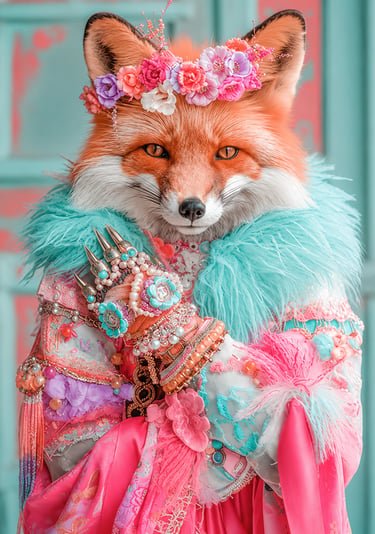 Renard en tenue colorée et raffinée, univers de marque original et unique.