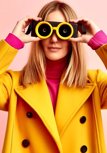 Femme en manteau jaune et col roulé rose tenant des jumelles ludiques, fond rose pâle.