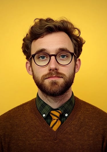 Homme barbu avec lunettes, pull marron et cravate jaune, sur fond jaune uni.