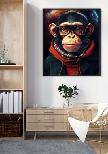 Tableau d’un singe habillé avec lunettes, écharpe et hoodie, exposé dans un intérieur moderne.
