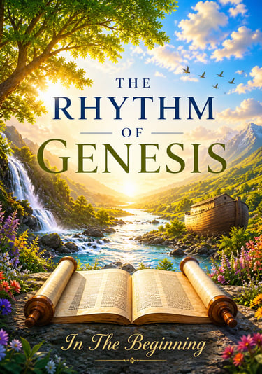 Devotional image for The Rhythm of Genesis with a sunrise valley, waterfall, scroll, and ark”