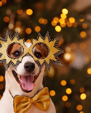 Un feliz Jack Russell Terrier con gafas de fiesta en forma de estrella y un moño dorado para la cele