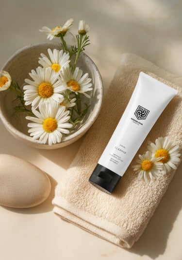 White tube of natural face cleanser on a beige towel with fresh chamomile flowers and a smooth stone.