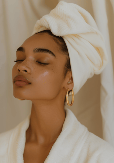 A woman with glowing skin wears a white towel turban and gold hoop earrings for a luxury spa skincare routine.