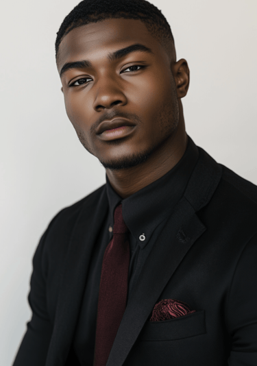 Professional portrait of a handsome Black man in a black tailored suit with a maroon tie.