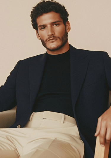 Professional man in navy blue blazer and black turtleneck wearing beige chinos.