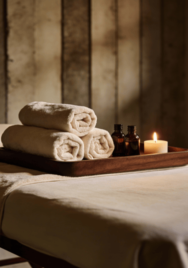 Rolled white spa towels with essential oil bottles and a lit candle on a wooden tray.
