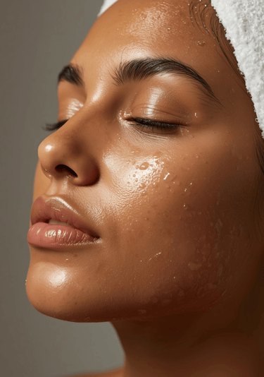 Woman with glowing, hydrated skin and water droplets on her face after a skincare routine.