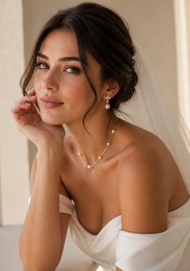 Bride wearing pearl drop earrings and delicate pearl necklace