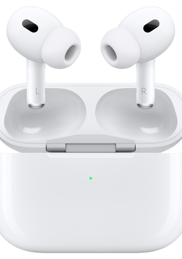 White Apple AirPods Pro wireless earbuds with MagSafe charging case on a black background.