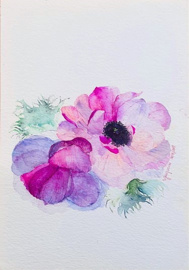 Pink and Violet Anemone Blossoms Japanese Watercolor by Weronika Kacperski