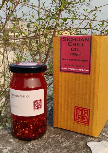 a jar of Longka Kando Sichuan chili oil on a ledge