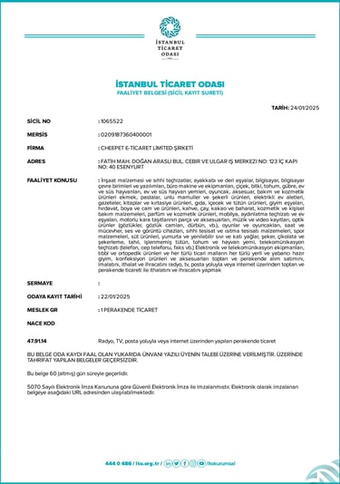 Cheepet E-Ticaret Limited Şirketi’ne ait resmi faaliyet belgesi. Şirketin yasal olarak tescilli oldu