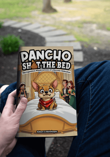 a person sitting on a bench with a book about a dog