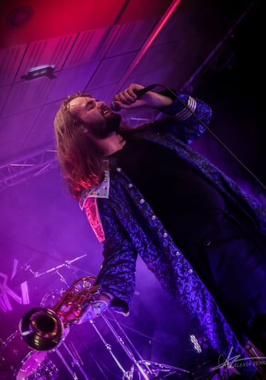 Nathan dartevert le Nathan chantant en tenant sa trompette lors d'un concert du groupe de rock / met