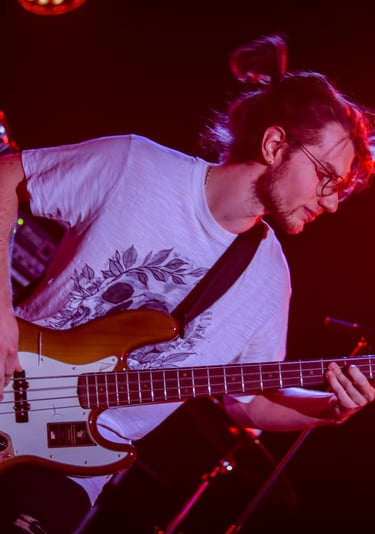 Thomas jouant de la basse a l'occasion d'un concert au bistrot de Saint So éclairé par un spot rouge