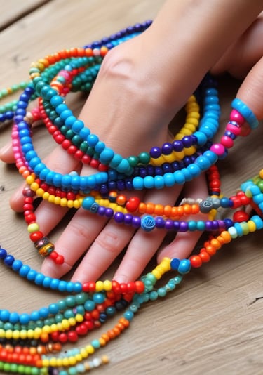Hand holding vibrant colorful beaded bracelets and necklaces on a wooden surface.