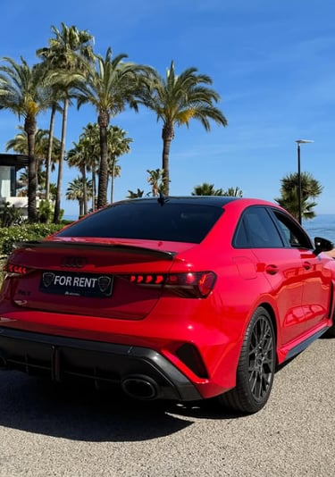 Red Audi RS3 luxury rental car parked on a coastal road with palm trees and ocean view.