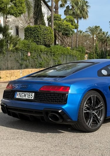 A blue Audi R8 luxury sports car parked on a sunny street lined with tropical palm trees.