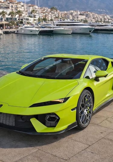 A lime green Lamborghini Revuelto parked on a stone dock near luxury yachts in a Mediterranean harbor.