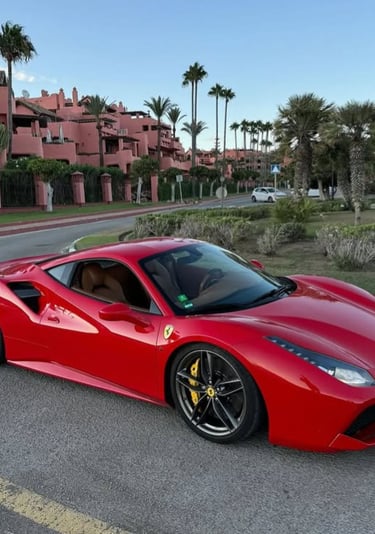 A red Ferrari 488 luxury sports car parked on a coastal road lined with palm trees and pink buildings.