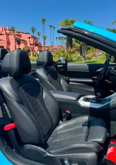 Luxury blue convertible interior with black leather seats parked near tropical palm trees.
