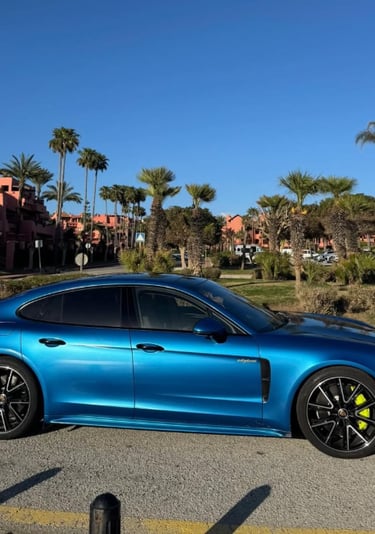 A blue Porsche Panamera luxury sedan parked on a sunny street lined with tropical palm trees.