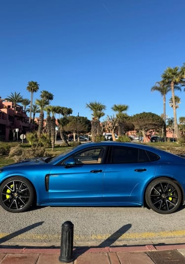 Side profile of a blue Porsche Panamera Turbo S luxury sedan parked on a sunny street with palm trees.
