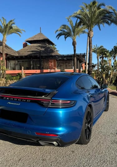 Blue Porsche Panamera 4 luxury sedan parked on a sunny road lined with tropical palm trees.