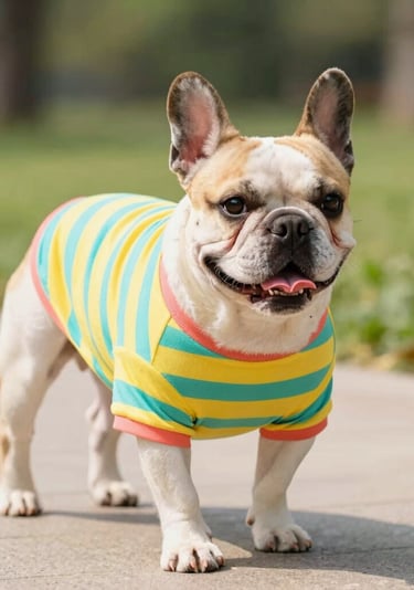 Un lindo bulldog francés con una camiseta de perro a rayas amarillas y azules mientras está de pie 
