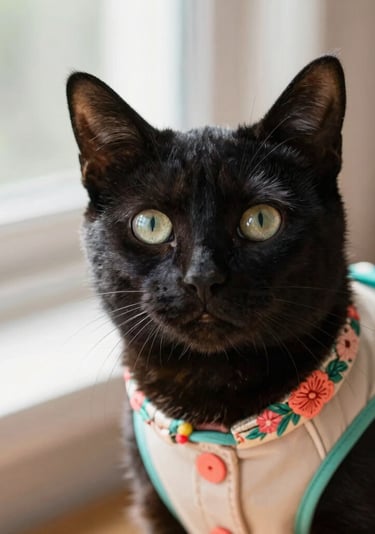 Un gato negro con ojos verdes con una elegante chaqueta floral bordada junto a una ventana.