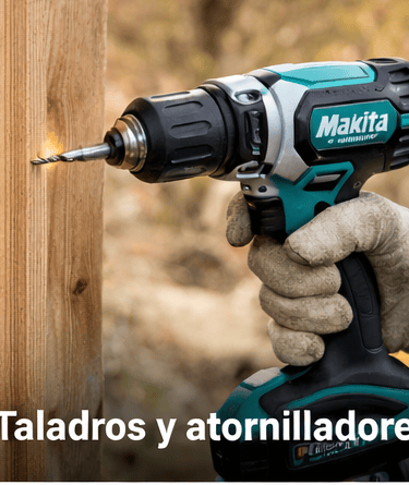 Makita cordless drill used by a gloved worker to bore a hole into a wooden beam.