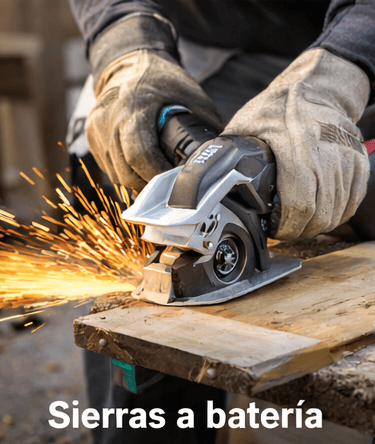 Professional carpenter using a cordless power saw to cut wood with sparks flying.