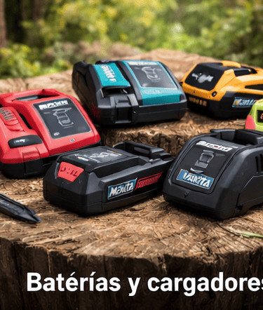 Various colorful cordless power tool batteries and chargers on a wooden stump outdoors.