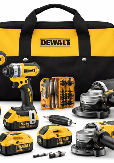 DeWalt cordless power tool combo kit including drill, impact driver, angle grinders, and tool bag.