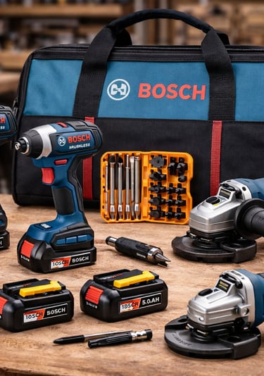 Bosch 18V cordless power tool set including brushless drill, impact driver, and angle grinders with tool bag.