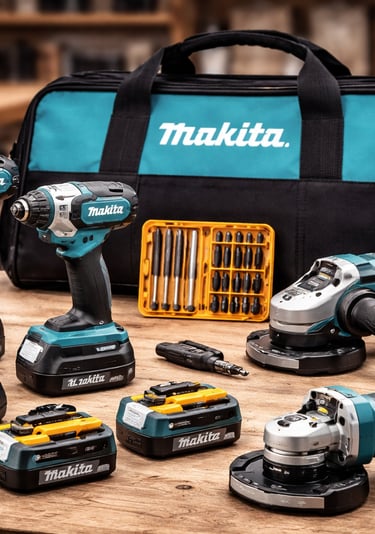 Makita cordless power tool set with drills, angle grinders, batteries, and a tool bag on a wooden workbench.