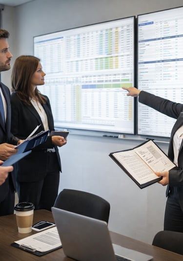 A diverse business team analyzes data charts and performance metrics on large digital displays in a modern office.