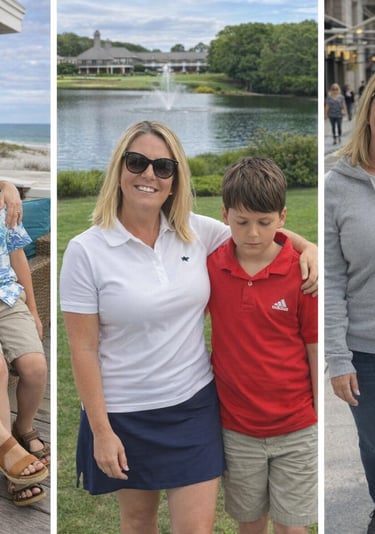 Three photos of a mother and son vacationing at the beach, a lake, and in New York City.