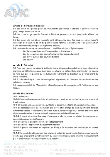 Règles de participation aux cours, ateliers et événements culturels de l’Association Musicale caudan